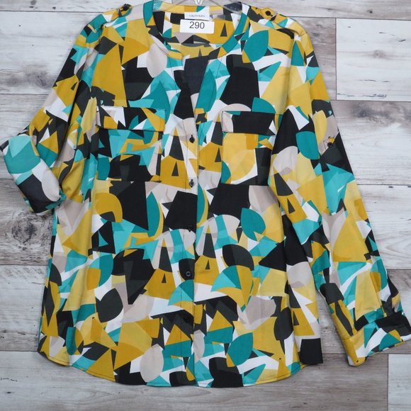 Calvin‎ Klein* Women's Long Sleeve Button Down V-Neck Blouse Large Multicolor - Picture 1 of 9